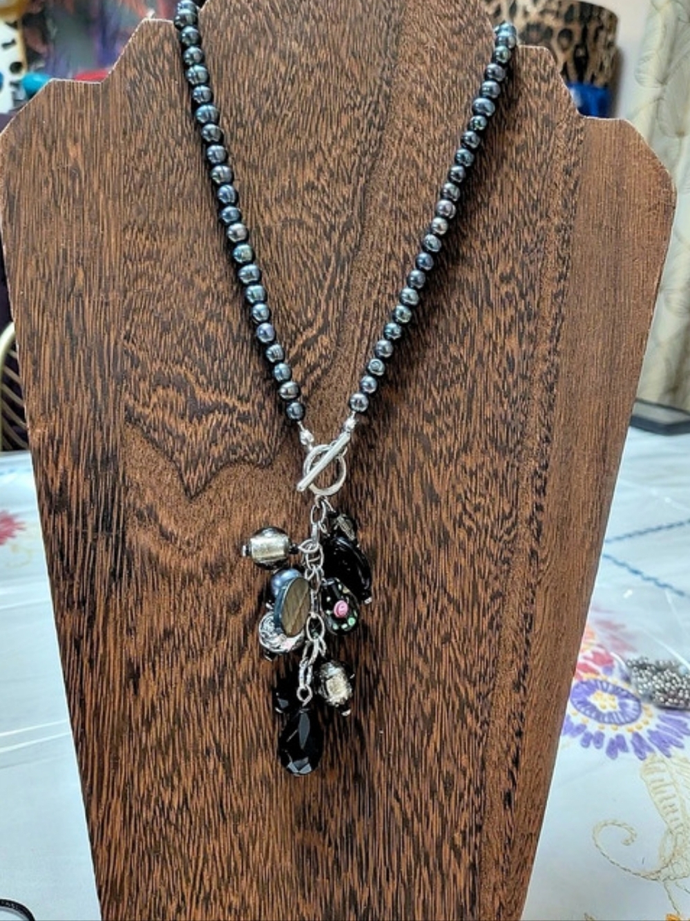 Handcrafted Peacock Freshwater Pearl Cluster Charm Necklace Toggle Clasp
